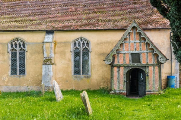 The timber-framed south porch of St George's church, Shimpling