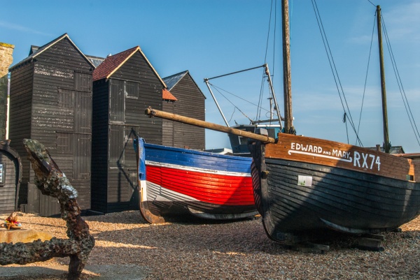 Fishing boats and net stores outside the Fishermen's Museum in Hastings