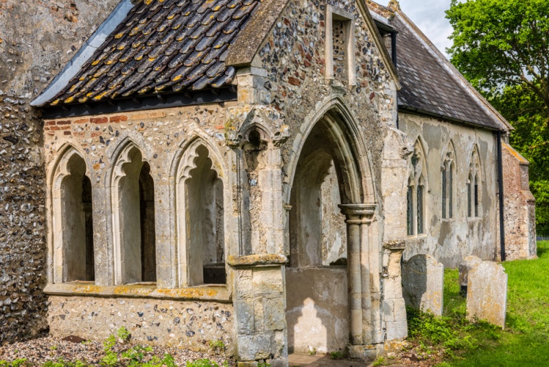 The ornate south porch of St John's church, Hellington
