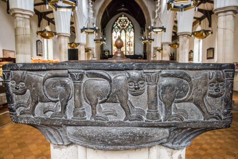 12th century Tournai marble font at St Peters by the Waterfront