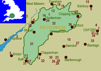 Cotswolds England map: attractions in the Cotswolds