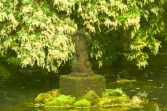 A monument in the centre of a woodland pool