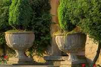 Urns act as elegant flowerpots for this cottage of Cotswold stone