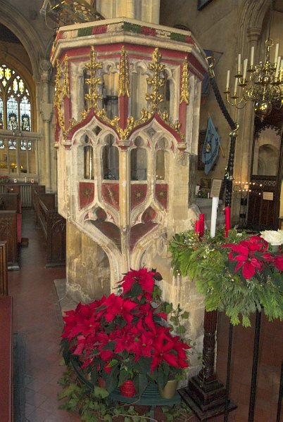 The 15th century wine-glass pulpit. Photo of the Church of St John Baptist, Cirencester, Gloucestershire.