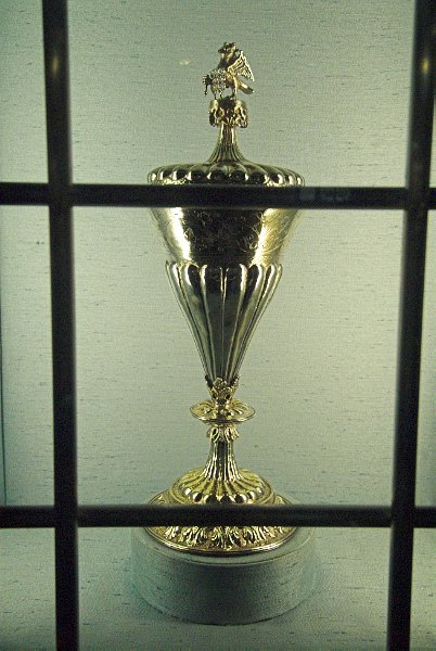 The Anne Boleyn Cup. This 16th century gilded silver goblet was given to Dr Richard  Masters by Anne Boleyn, and Dr Masters presented it to the church. Photo of the Church of St John Baptist, Cirencester, Gloucestershire.