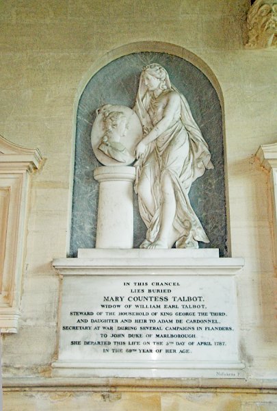 Memorial to Mary, Countess Talbot, died 1787, in the chancel. The wording emphasises the importance of status, as defined by your husband and father (ancestors). Note the name-dropping. Her father's status is boosted by his connection to John, Duke of Marlborough. Photo of St Mary's Church, Great Barrington, Gloucestershire.