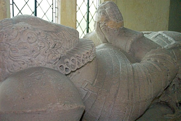 The head of the effigy of Captain Bray, died 1620, showing the neck ruff. Photo of St Mary's Church, Great Barrington, Gloucestershire.