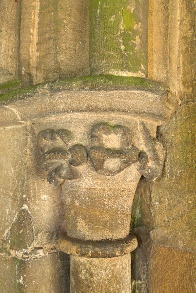 Early English column capital inside the church porch. Photo of St Mary the Virgin Church, Icomb, Gloucestershire.