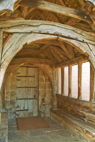 The porch, showing the oak construction. Photo of St Mary's Church, Kempley, Gloucestershire.