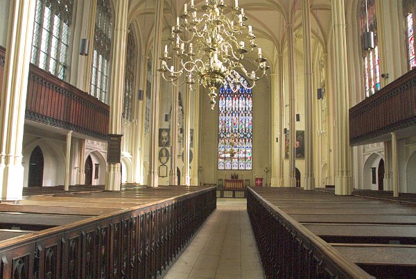 The nave of St Mary the Virgin. The Georgian rebuilding (1777-1781) created a remarkably airy and spacious interior. Note the oak box pews. Photo of St Mary the Virgin, Tetbury, Gloucestershire. Part of the Britain Express Historic Picture Library.