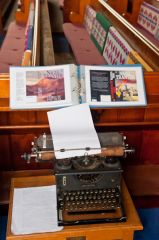 Nigel Tranter's typewriter inside the church