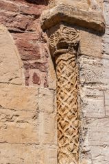 A carved Norman pillar outside the castle entrance