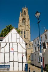 Timber-framed buildings near the church