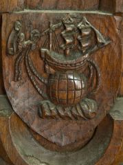 Golden Hind carving on Drake's pew
