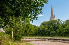 Kidwelly, St Mary's Church, St Mary's spire from the riverside