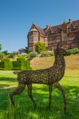 Deer statue below the house