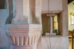 Nave capital and medieval squint to the chancel