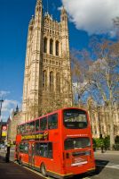 London, Palace of Westminster and double-decker bus