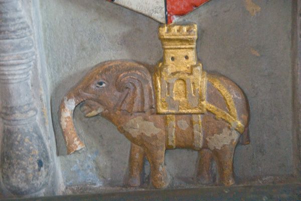 Moreton Corbet Castle photo, Elephant carving on Corbet tomb