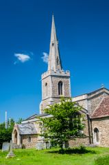 Offord Darcy, St Peter's Church, The striking tower from the churchyard