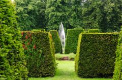 Clipped hedges lead to a lovely fountain