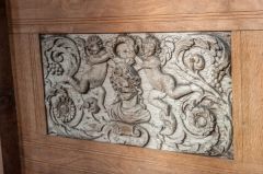 Carved wooden panel on the pulpit
