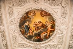 The ornately carved drawing room ceiling