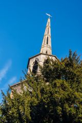 The spire from the churchyard