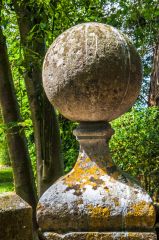 Ornamental stone ball on the Wolfteon Hall gates