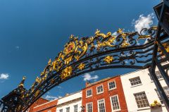 Worcester Guildhall, Ornate wrought-iron gates facing High Street