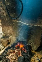 The peat fire burning brightly