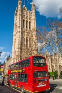 Victoria Tower and a London double-decker bus