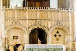 The beautifully carved pulpitum screen