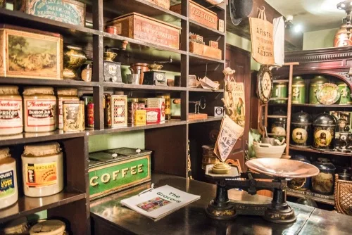 A recreated 19th-century grocer's shop