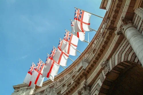White Ensigns flying over the arch