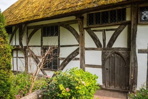 The timber-framed front facade