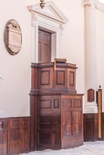 The pulpit - note the doorway 'out of London'