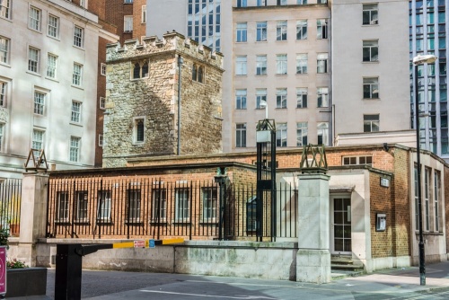 All Hallows Staining, surrounded by modern buildings