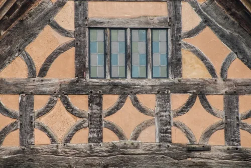 Ornate timber-framing under the eaves