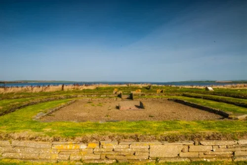 Looking across the largest hut enclosure