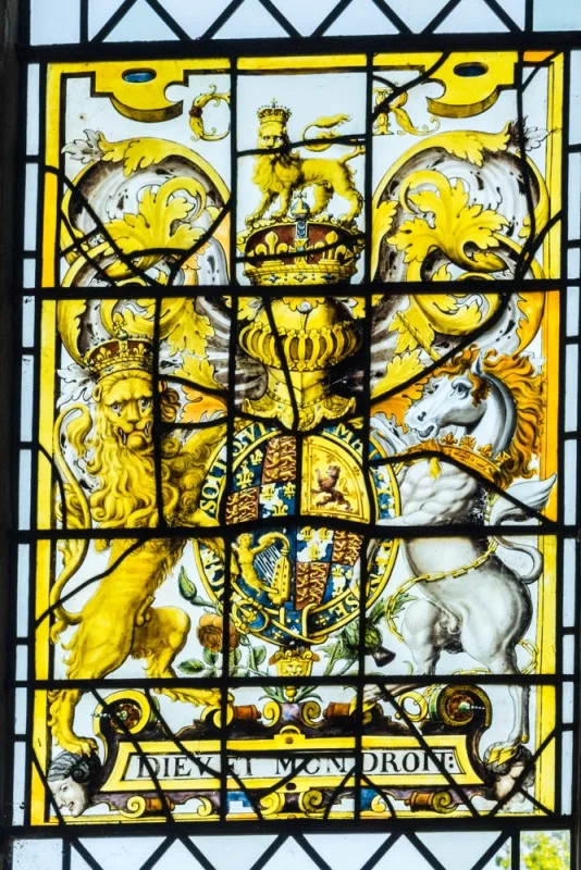 Charles I royal coat of arms in stained glass