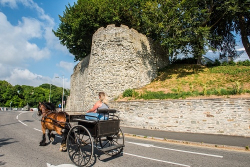 A pony trap passes below the castle walls