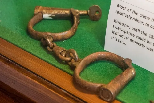 19th-century manacles in the Crime and Criminals exhibit