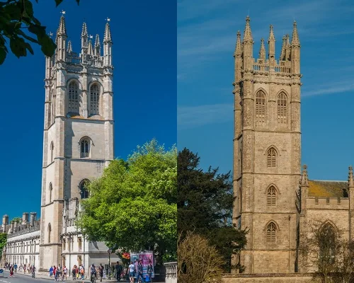 Compare Magdalen College (left) and All Saints (right)