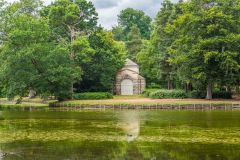 The Belisle pavilion stands on an island in the lake