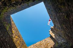 Looking up inside the roofless castle keep