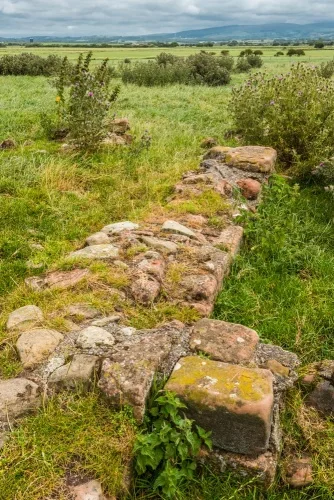 Foundation walls and scattered stones