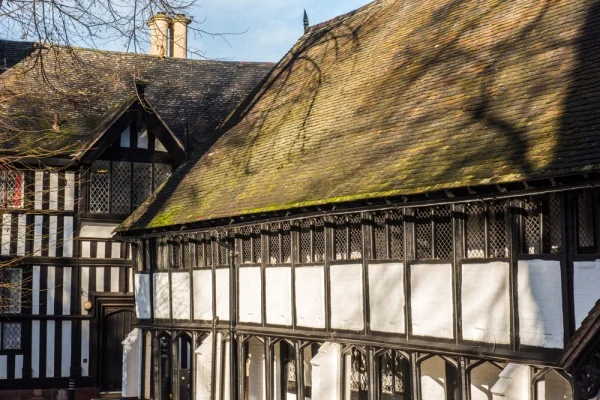 The timber framed facade of the Old School