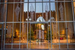 Looking through the glass facade of the new cathedral