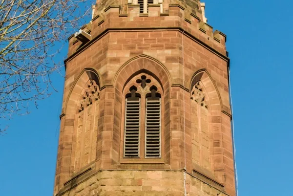 Belfry window openings in tower base